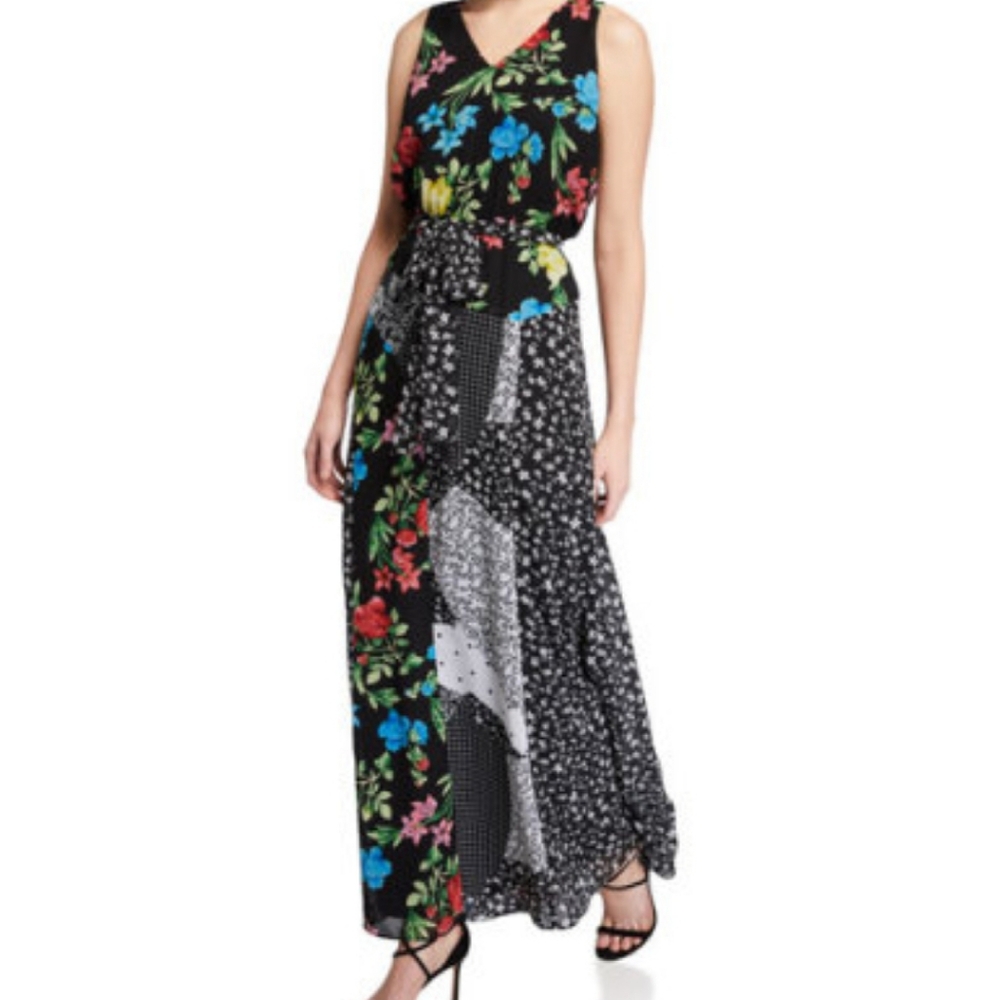 CALVIN KLEIN Floral Patchwork Chiffon Maxi Dress M